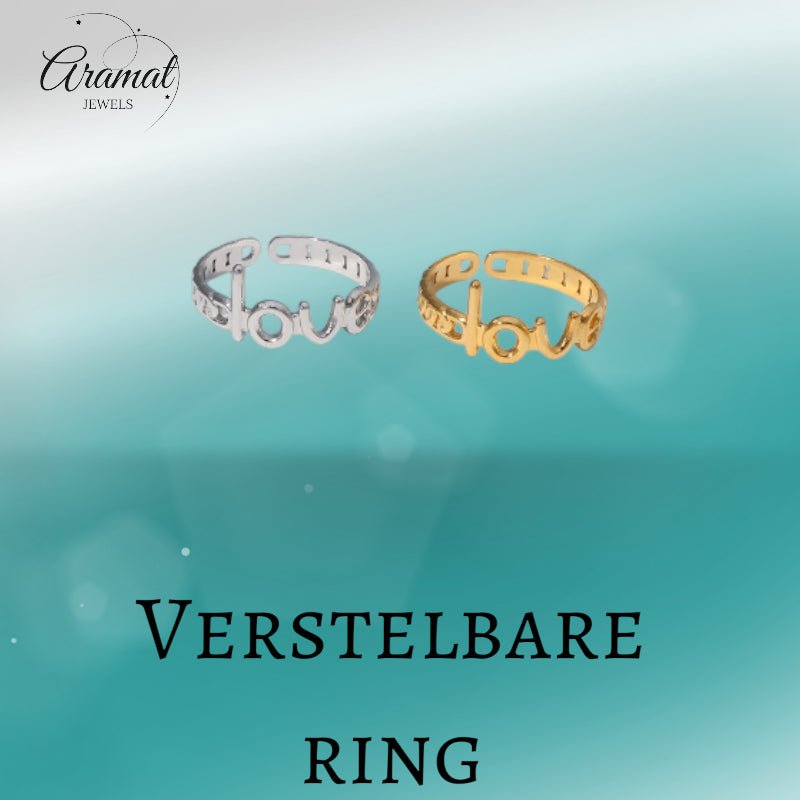 Open Ring Schakel Motief met Love Letters (8 mm Verstelbaar) - Zilverkleur -