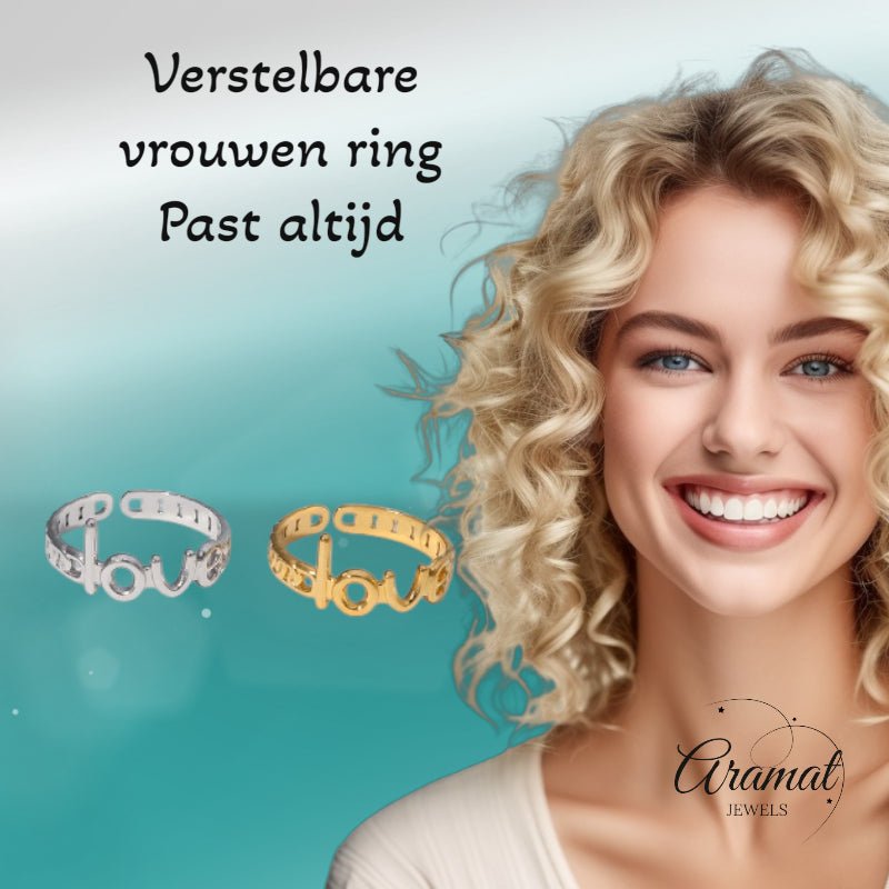 Open Ring Schakel Motief met Love Letters (8 mm Verstelbaar) - Zilverkleur -