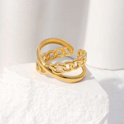 Open Ring Gekruist Motief: Glad en Schakel (RVS Verstelbaar) - Zilverkleur -