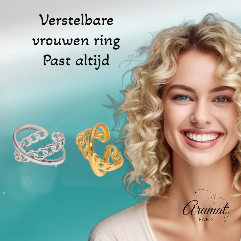 Open Ring Gekruist Motief: Glad en Schakel (RVS Verstelbaar) - Zilverkleur -