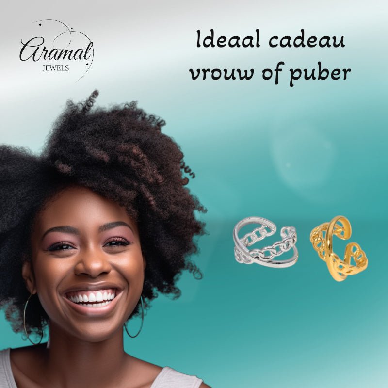 Open Ring Gekruist Motief: Glad en Schakel (RVS Verstelbaar) - Zilverkleur -