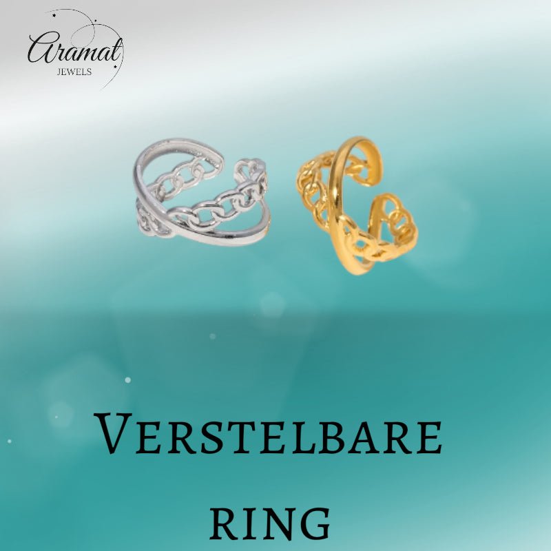 Open Ring Gekruist Motief: Glad en Schakel (RVS Verstelbaar) - Zilverkleur -