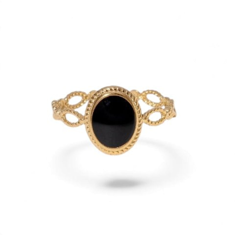 Open Ring RVS Ovaal Emaille met Dot Reli&Atilde;&laquo;f (Goudkleurig) - Zwart -