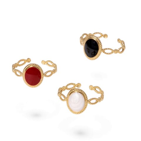 Open Ring RVS Ovaal Emaille met Dot Reli&euml;f (Goudkleurig)