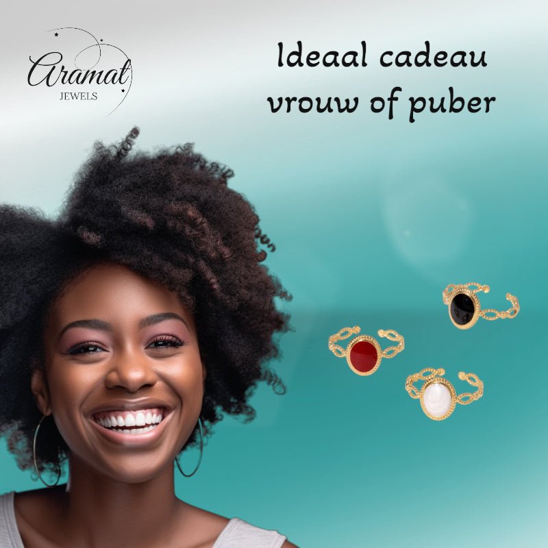 Open Ring RVS Ovaal Emaille met Dot Reli&Atilde;&laquo;f (Goudkleurig) - Zwart -