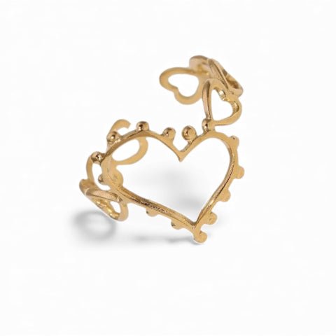 Open Ring Hartjes Schakel met Bolletjes Versiering (RVS Verstelbaar) - Goudkleur -