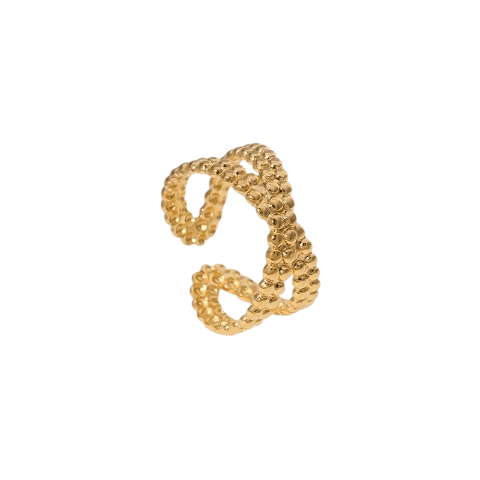 Open Ring Gekruiste Lijn met Bolletjes Reli&Atilde;&laquo;f (Verstelbaar RVS) - Goudkleur -