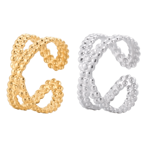 Open Ring Gekruiste Lijn met Bolletjes Reli&euml;f (Verstelbaar RVS)