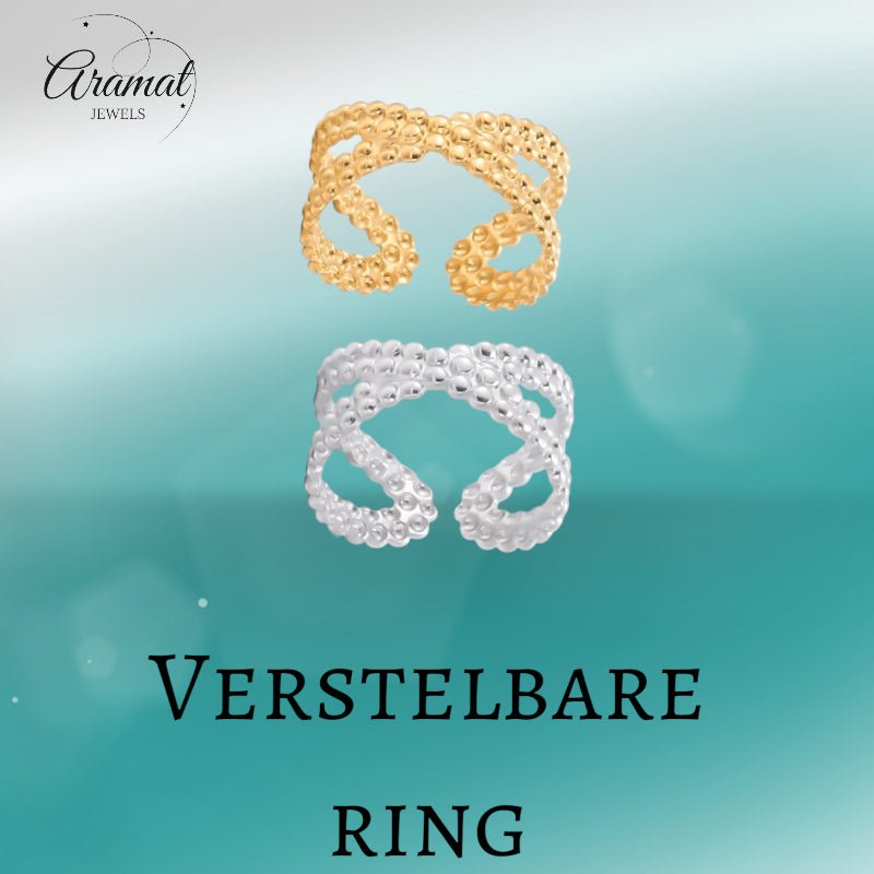 Open Ring Gekruiste Lijn met Bolletjes Reli&Atilde;&laquo;f (Verstelbaar RVS) - Goudkleur -