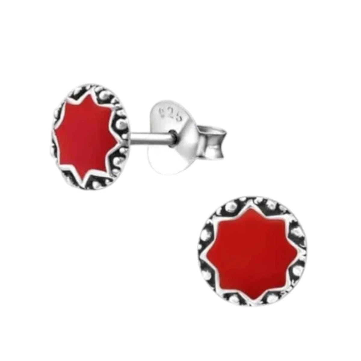 Oorstekers &acirc;&euro;&ldquo; Sterling Zilver Bali Etnisch Rood Emaille 6mm Rond Geoxideerd -
