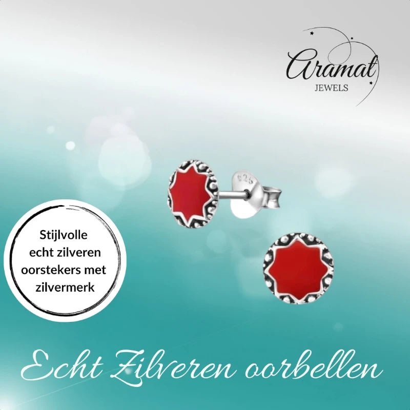Oorstekers &acirc;&euro;&ldquo; Sterling Zilver Bali Etnisch Rood Emaille 6mm Rond Geoxideerd -
