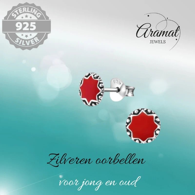 Oorstekers &acirc;&euro;&ldquo; Sterling Zilver Bali Etnisch Rood Emaille 6mm Rond Geoxideerd -