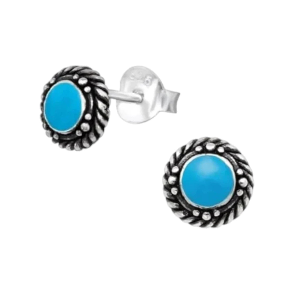 Oorstekers &acirc;&euro;&ldquo; Sterling Zilver Bali Etnisch Blauw Emaille 6mm Rond Geoxideerd -