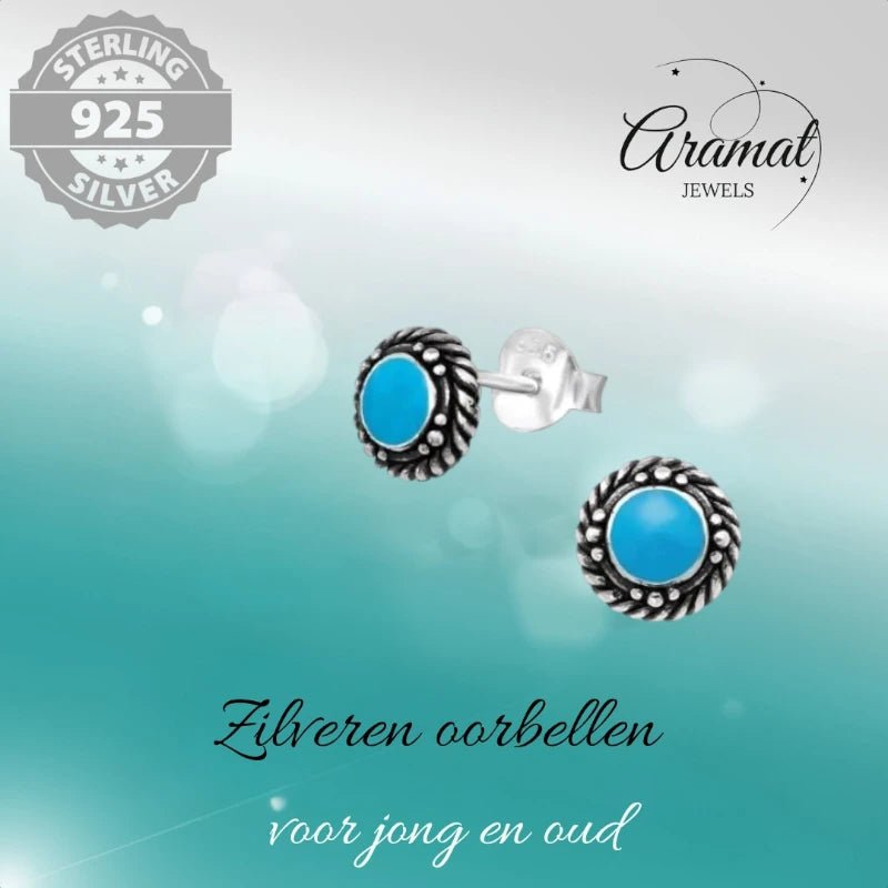 Oorstekers &acirc;&euro;&ldquo; Sterling Zilver Bali Etnisch Blauw Emaille 6mm Rond Geoxideerd -
