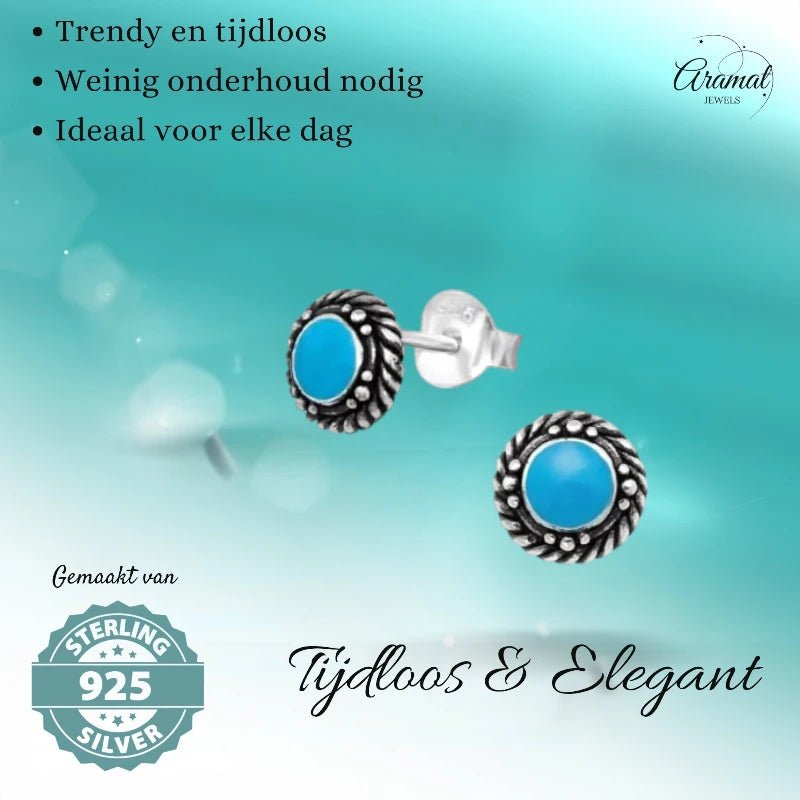 Oorstekers &acirc;&euro;&ldquo; Sterling Zilver Bali Etnisch Blauw Emaille 6mm Rond Geoxideerd -