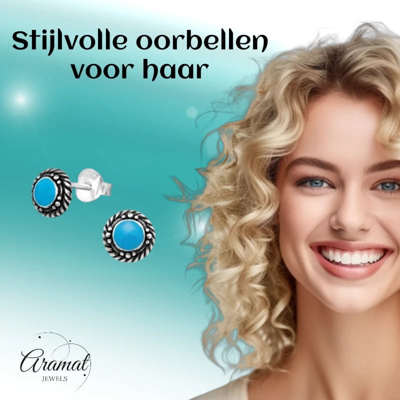 Oorstekers &acirc;&euro;&ldquo; Sterling Zilver Bali Etnisch Blauw Emaille 6mm Rond Geoxideerd -