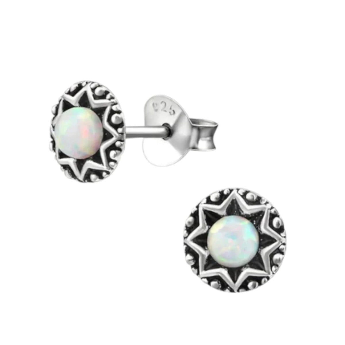 Oorstekers &acirc;&euro;&ldquo; Sterling Zilver Bali Etnisch Wit Opaal 6mm Rond Geoxideerd -