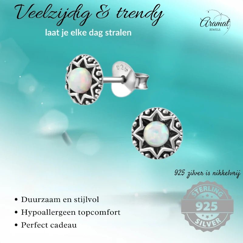 Oorstekers &acirc;&euro;&ldquo; Sterling Zilver Bali Etnisch Wit Opaal 6mm Rond Geoxideerd -