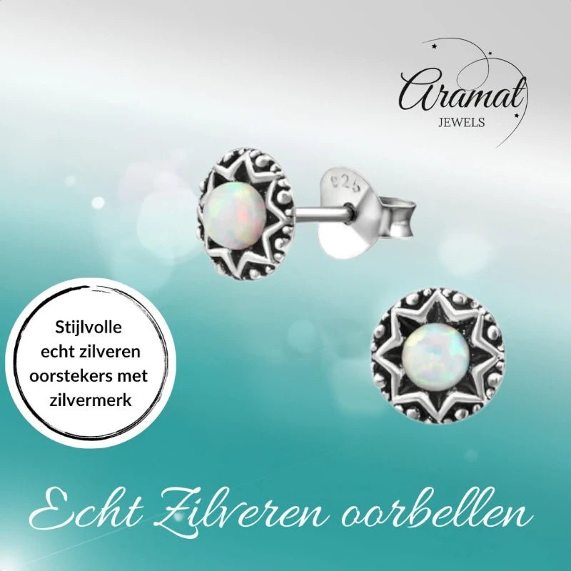 Oorstekers &acirc;&euro;&ldquo; Sterling Zilver Bali Etnisch Wit Opaal 6mm Rond Geoxideerd -