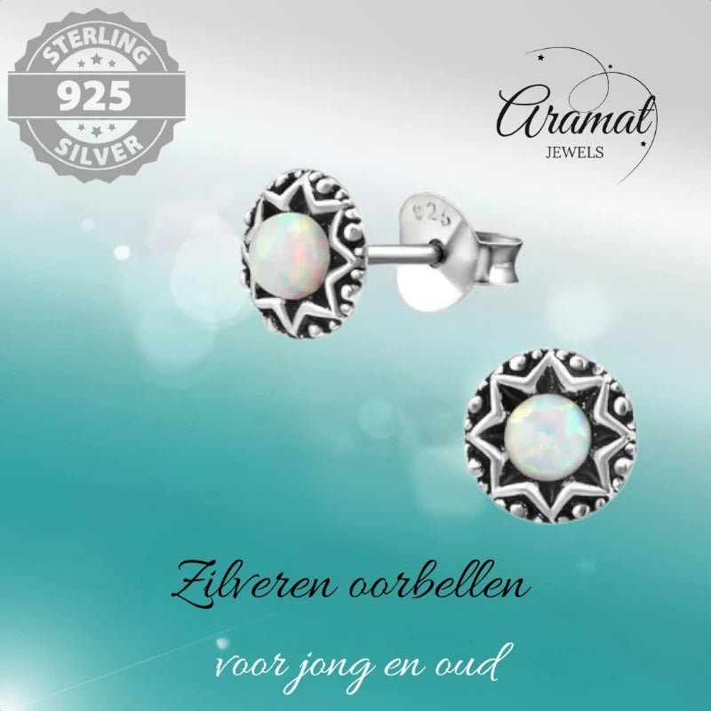 Oorstekers &acirc;&euro;&ldquo; Sterling Zilver Bali Etnisch Wit Opaal 6mm Rond Geoxideerd -