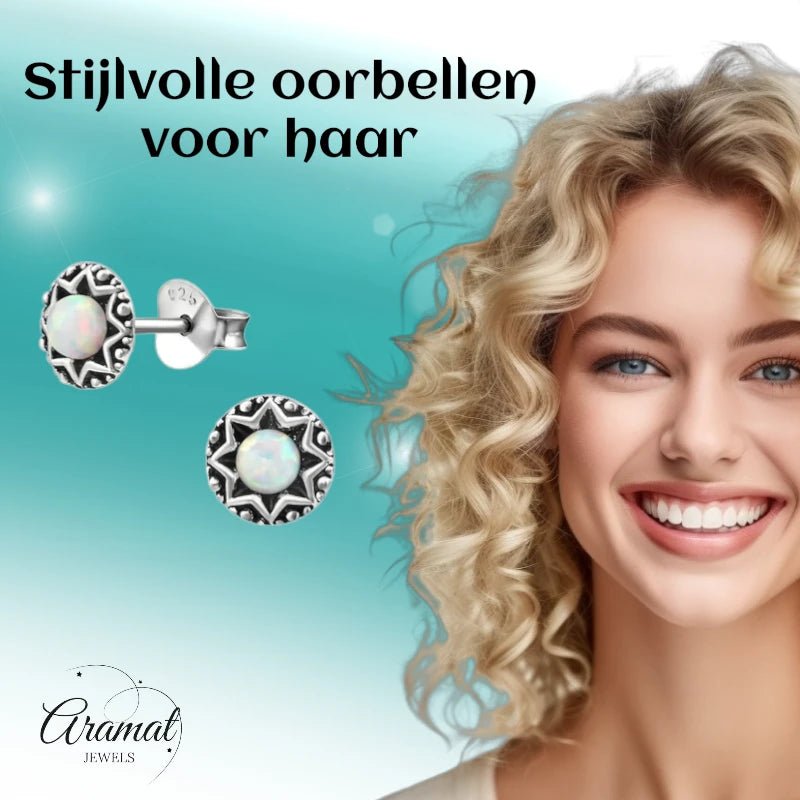 Oorstekers &acirc;&euro;&ldquo; Sterling Zilver Bali Etnisch Wit Opaal 6mm Rond Geoxideerd -
