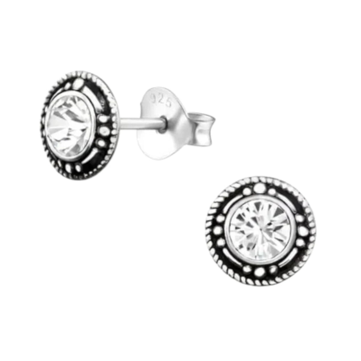 Oorstekers &acirc;&euro;&ldquo; Sterling Zilver Bali Etnisch Transparant Kristal 7mm Rond Geoxideerd