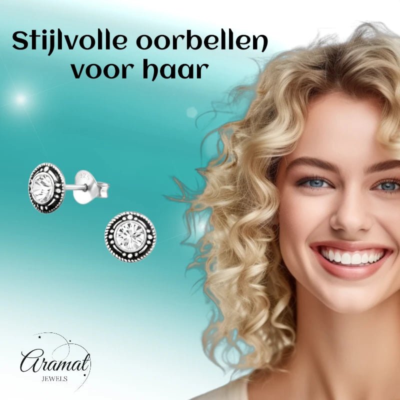 Oorstekers &acirc;&euro;&ldquo; Sterling Zilver Bali Etnisch Transparant Kristal 7mm Rond Geoxideerd