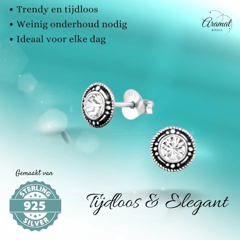 Oorstekers &acirc;&euro;&ldquo; Sterling Zilver Bali Etnisch Transparant Kristal 7mm Rond Geoxideerd