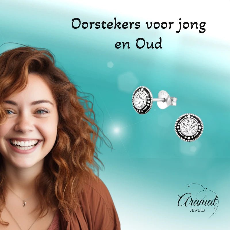 Oorstekers &acirc;&euro;&ldquo; Sterling Zilver Bali Etnisch Transparant Kristal 7mm Rond Geoxideerd