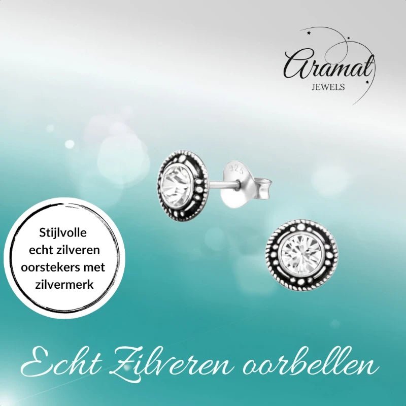 Oorstekers &acirc;&euro;&ldquo; Sterling Zilver Bali Etnisch Transparant Kristal 7mm Rond Geoxideerd