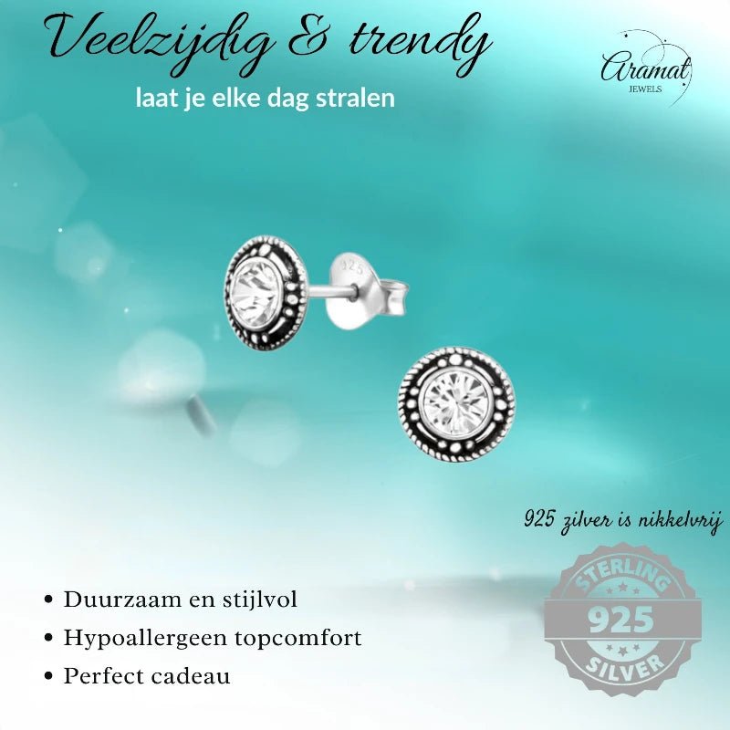Oorstekers &acirc;&euro;&ldquo; Sterling Zilver Bali Etnisch Transparant Kristal 7mm Rond Geoxideerd