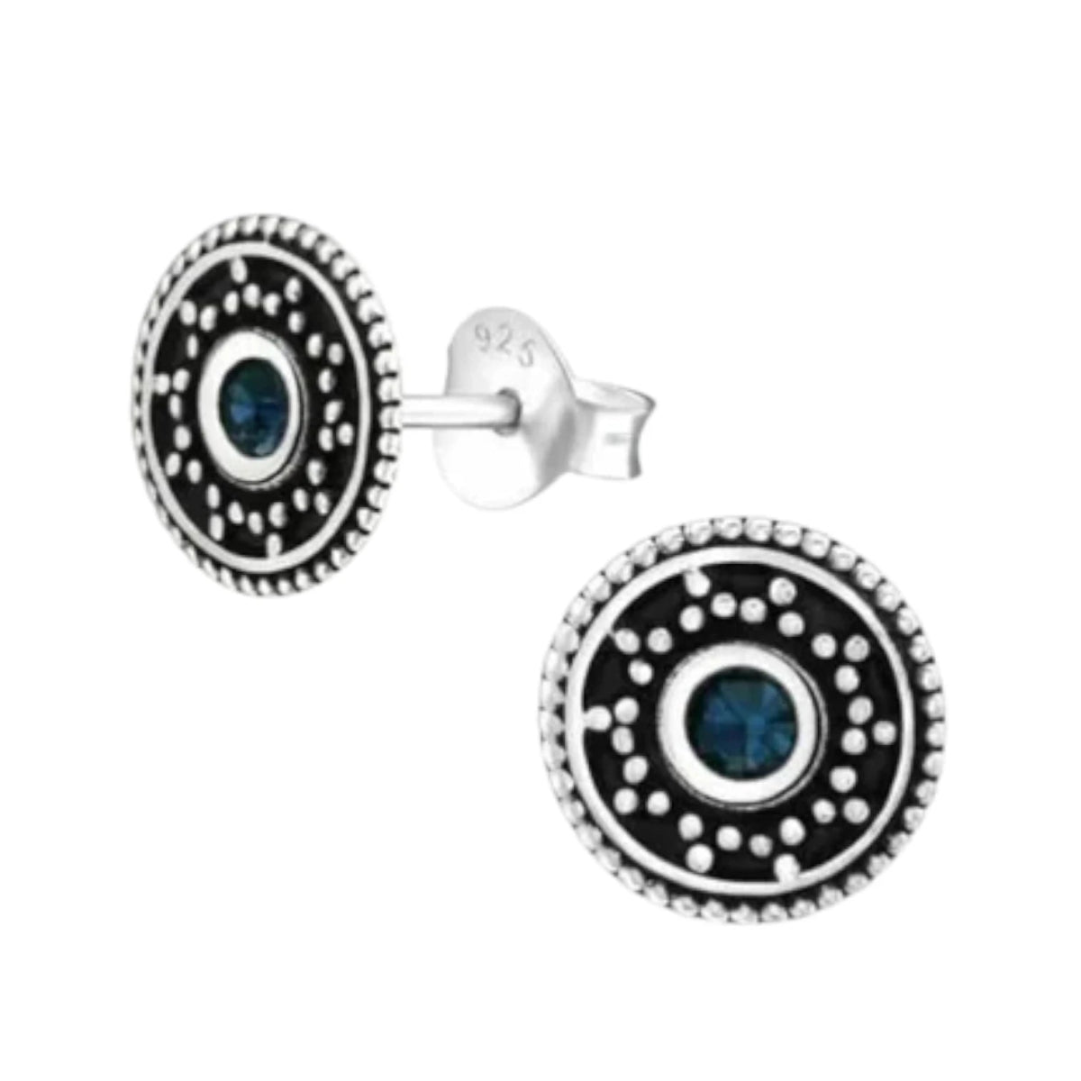 Oorstekers &acirc;&euro;&ldquo; Sterling Zilver Bali Etnisch Donker Blauw Kristal 9mm Rond Geoxideer