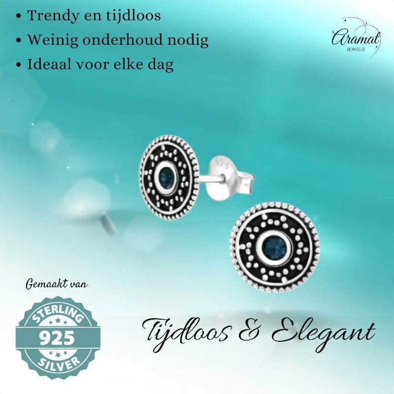 Oorstekers &acirc;&euro;&ldquo; Sterling Zilver Bali Etnisch Donker Blauw Kristal 9mm Rond Geoxideer