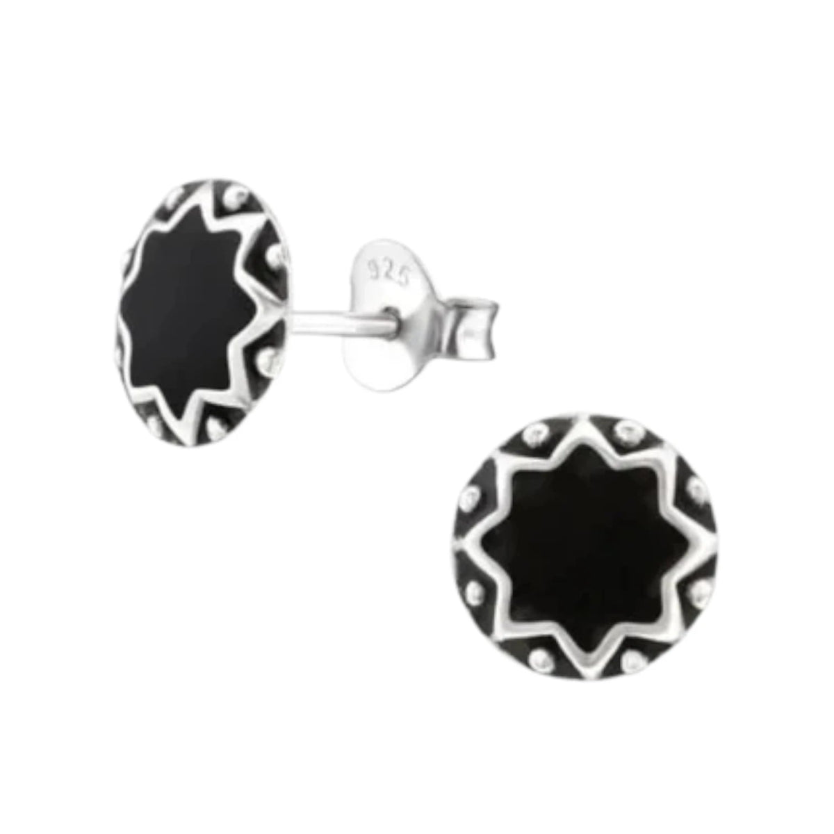 Oorstekers &acirc;&euro;&ldquo; Sterling Zilver Bali Etnisch Zwart Emaille 8mm Rond Geoxideerd - Her