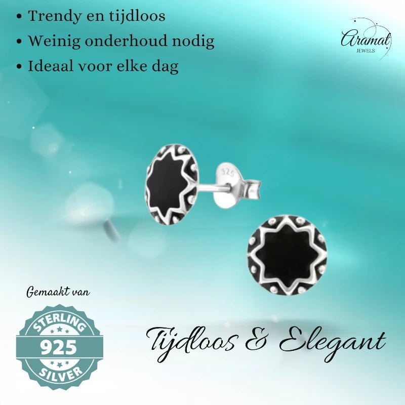 Oorstekers &acirc;&euro;&ldquo; Sterling Zilver Bali Etnisch Zwart Emaille 8mm Rond Geoxideerd - Her