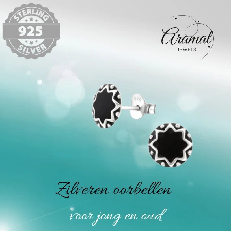 Oorstekers &acirc;&euro;&ldquo; Sterling Zilver Bali Etnisch Zwart Emaille 8mm Rond Geoxideerd - Her