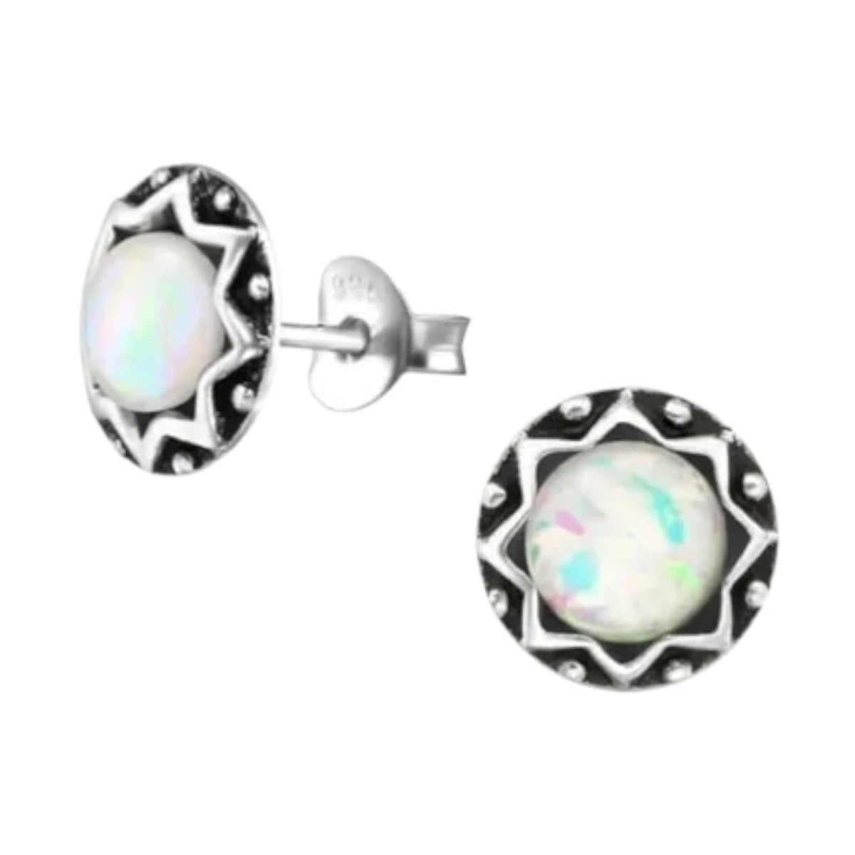 Oorstekers &acirc;&euro;&ldquo; Sterling Zilver Bali Etnisch Wit Opaal 9mm Rond Geoxideerd -