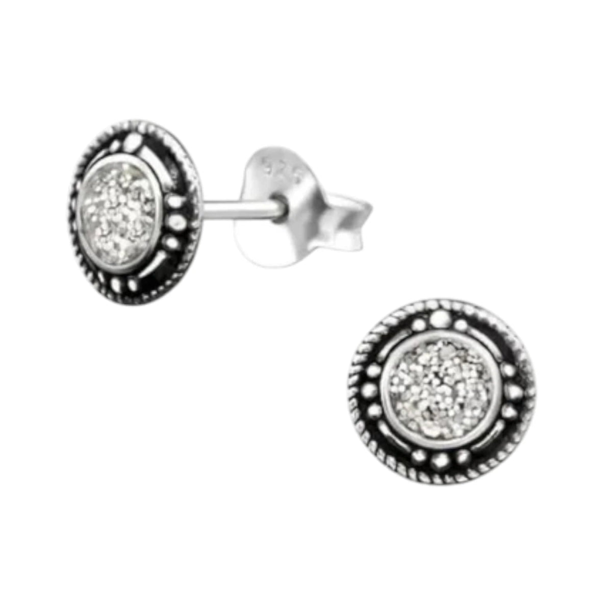 Oorstekers &acirc;&euro;&ldquo; Sterling Zilver Bali Etnisch Witte Glitter 7mm Rond Geoxideerd -