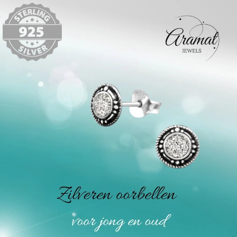 Oorstekers &acirc;&euro;&ldquo; Sterling Zilver Bali Etnisch Witte Glitter 7mm Rond Geoxideerd -