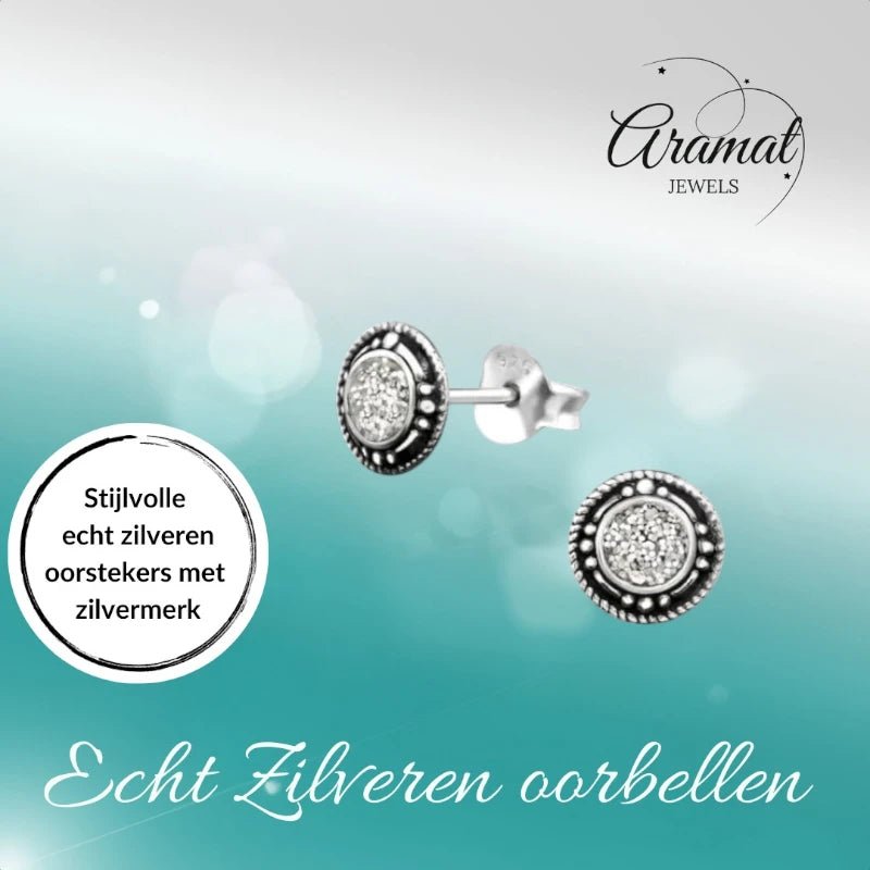 Oorstekers &acirc;&euro;&ldquo; Sterling Zilver Bali Etnisch Witte Glitter 7mm Rond Geoxideerd -