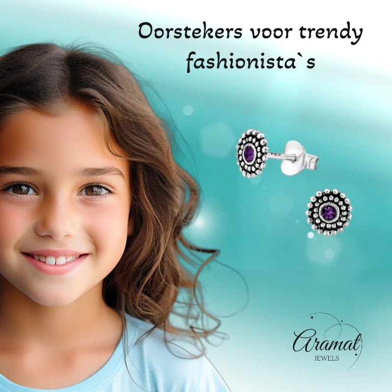 Oorstekers &acirc;&euro;&ldquo; Sterling Zilver Bali Etnisch Paars Kristal 6mm Dames - Heren