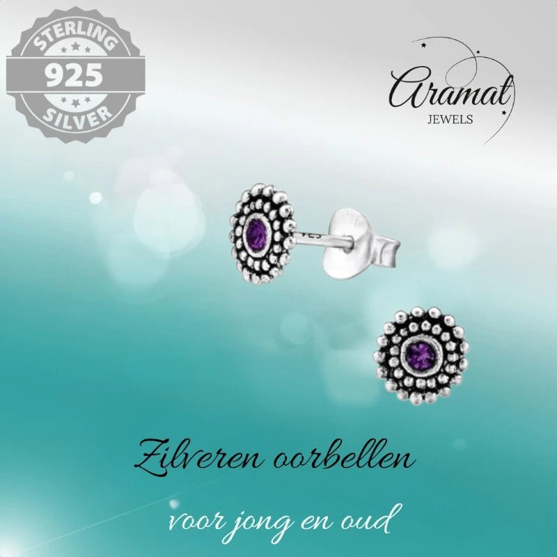 Oorstekers &acirc;&euro;&ldquo; Sterling Zilver Bali Etnisch Paars Kristal 6mm Dames - Heren