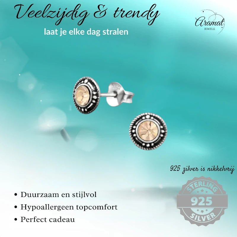 Oorstekers &acirc;&euro;&ldquo; Sterling Zilver Bali Etnisch Champagne Kristal 7mm Dames -