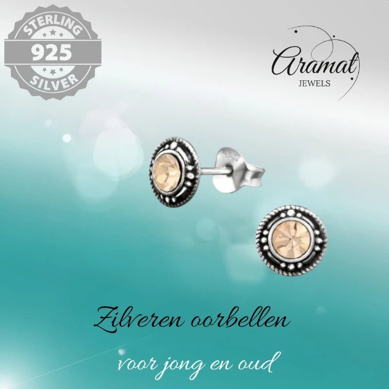 Oorstekers &acirc;&euro;&ldquo; Sterling Zilver Bali Etnisch Champagne Kristal 7mm Dames -