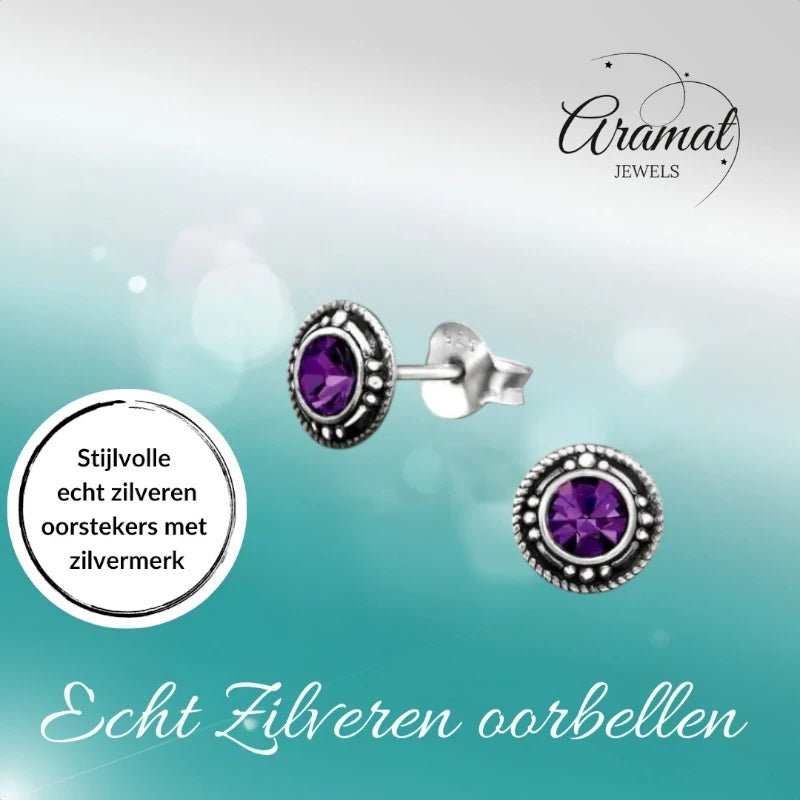 Oorstekers &acirc;&euro;&ldquo; Sterling Zilver Bali Etnisch Paars Kristal 7mm Dames -