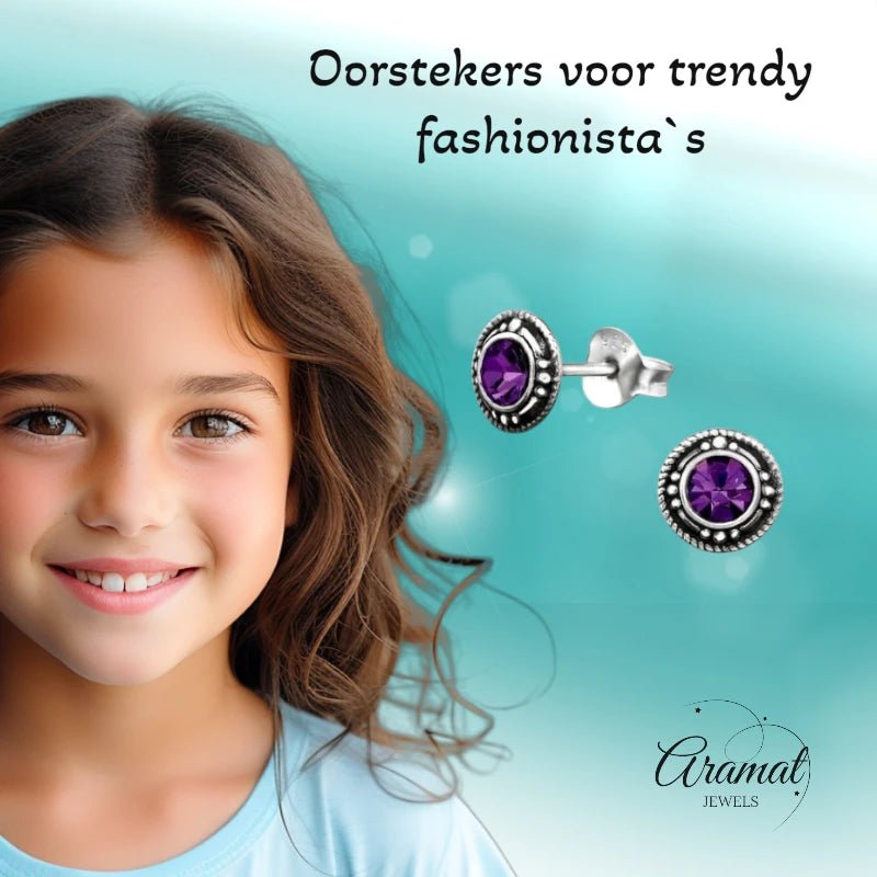 Oorstekers &acirc;&euro;&ldquo; Sterling Zilver Bali Etnisch Paars Kristal 7mm Dames -