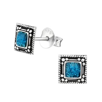 Oorstekers &acirc;&euro;&ldquo; Echt Zilver Bali Design Vierkant Blauw Emaille Glitter 6mm -