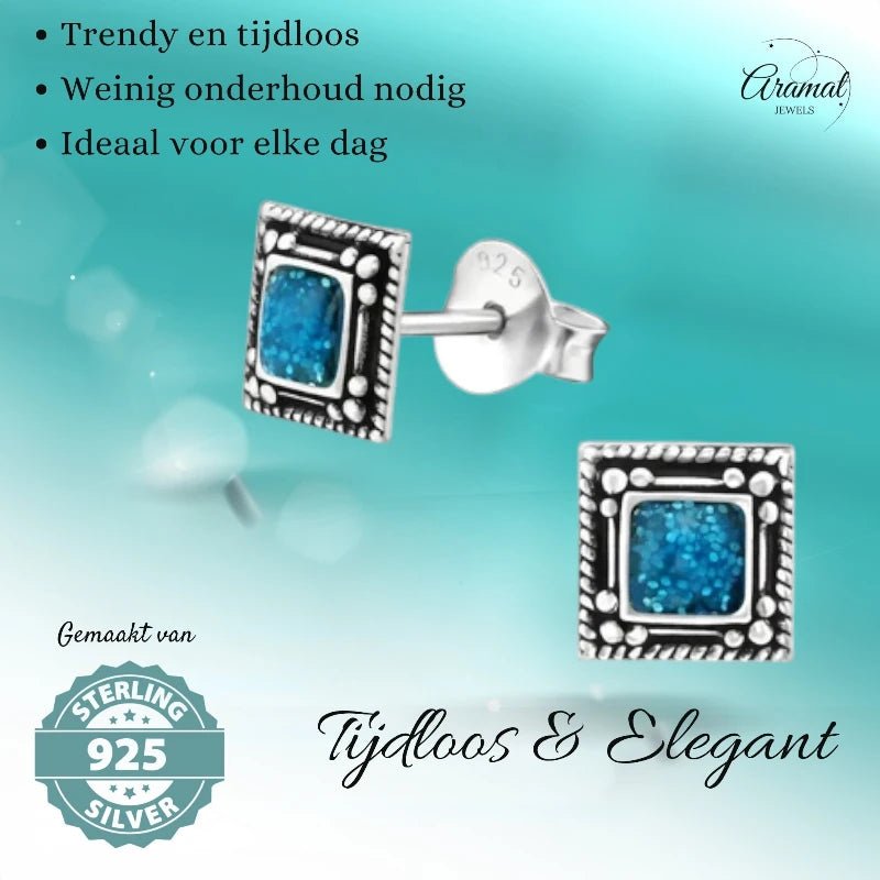 Oorstekers &acirc;&euro;&ldquo; Echt Zilver Bali Design Vierkant Blauw Emaille Glitter 6mm -