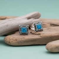 Oorstekers &acirc;&euro;&ldquo; Echt Zilver Bali Design Vierkant Blauw Emaille Glitter 6mm -
