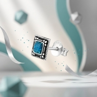 Oorstekers &acirc;&euro;&ldquo; Echt Zilver Bali Design Vierkant Blauw Emaille Glitter 6mm -